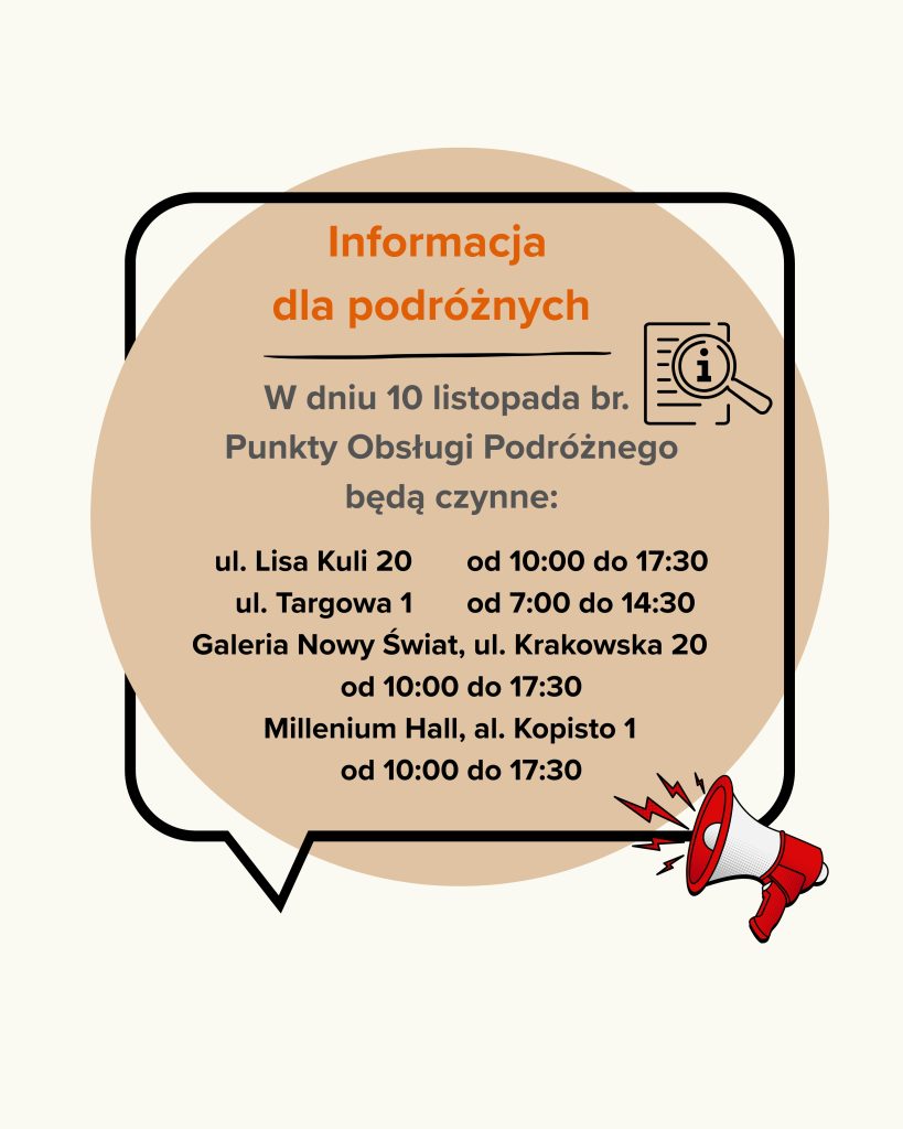 Godziny otwarcia Punktów Obsługi Podróżnego 10 listopada br.